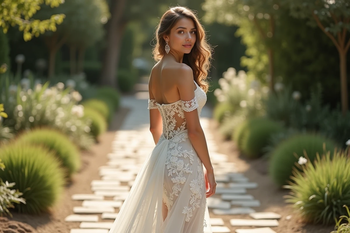 Robe de mariée courte devant longue derrière en dentelle ivoire portée par une mariée dans un jardin fleuri