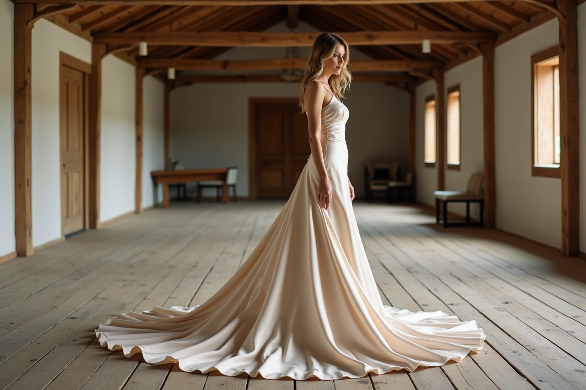 Robe de mariée courte devant longue derrière en satin champagne avec traîne dans une grange rustique