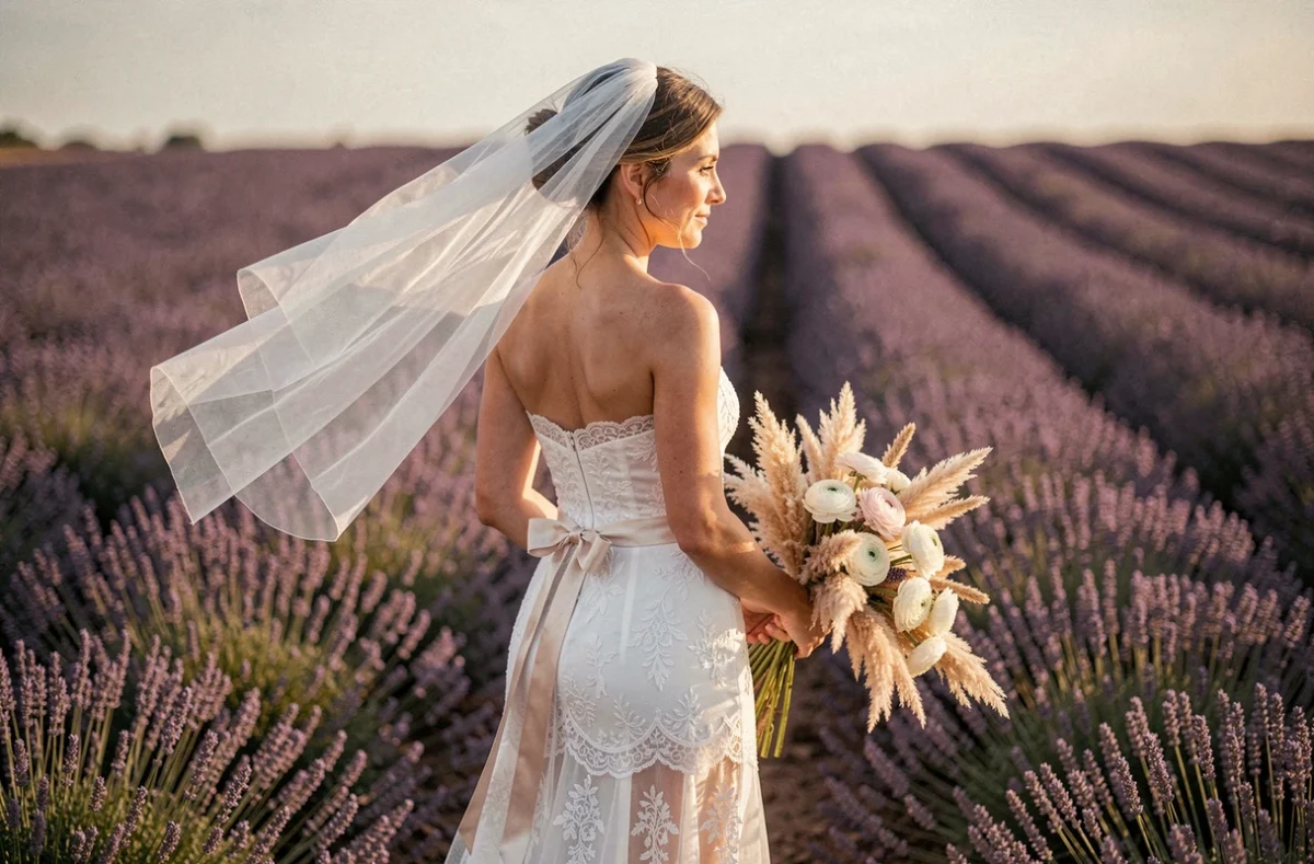 Mariée de dos en robe bustier dentelle dans un champ de lavande en Provence, voile au vent