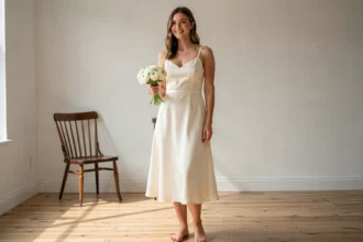 Jeune mariée en robe de mariée simple en satin ivoire à bretelles fines, tenant un bouquet de renoncules blanches dans un appartement minimaliste lumineux