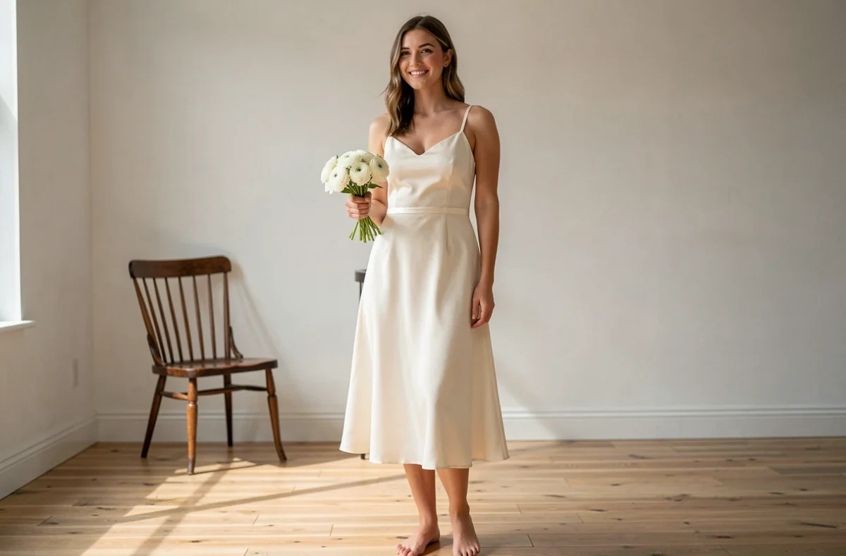 Jeune mariée en robe de mariée simple en satin ivoire à bretelles fines, tenant un bouquet de renoncules blanches dans un appartement minimaliste lumineux