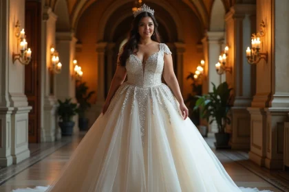 Robe de mariée princesse paillettes pour femme ronde portée dans un couloir de château avec jupe en tulle volumineuse