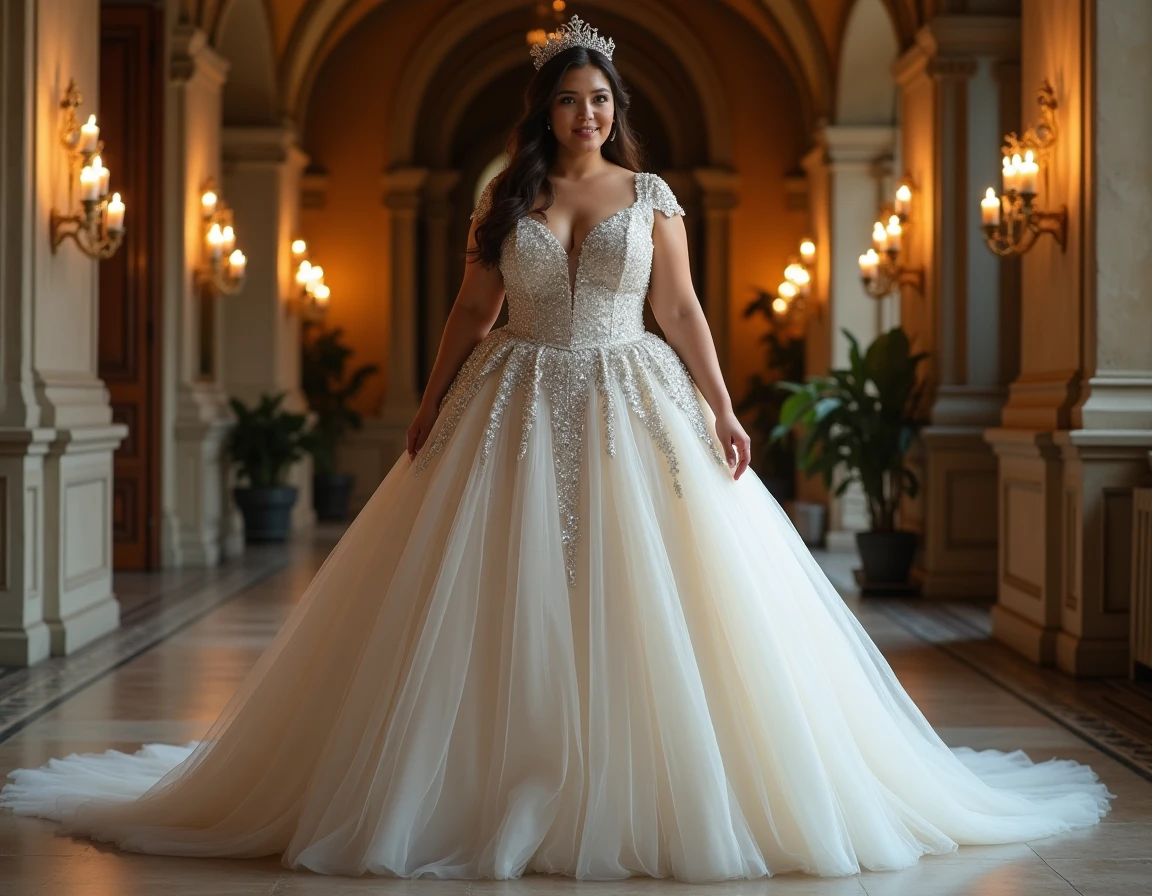 Robe de mariée princesse paillettes pour femme ronde portée dans un couloir de château avec jupe en tulle volumineuse