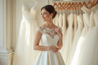 Mariée souriante essayant une robe de mariée élégante à petit prix dans une boutique parisienne