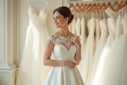 Mariée souriante essayant une robe de mariée élégante à petit prix dans une boutique parisienne