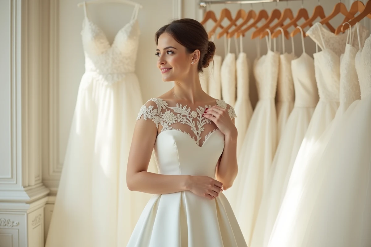 Mariée souriante essayant une robe de mariée élégante à petit prix dans une boutique parisienne