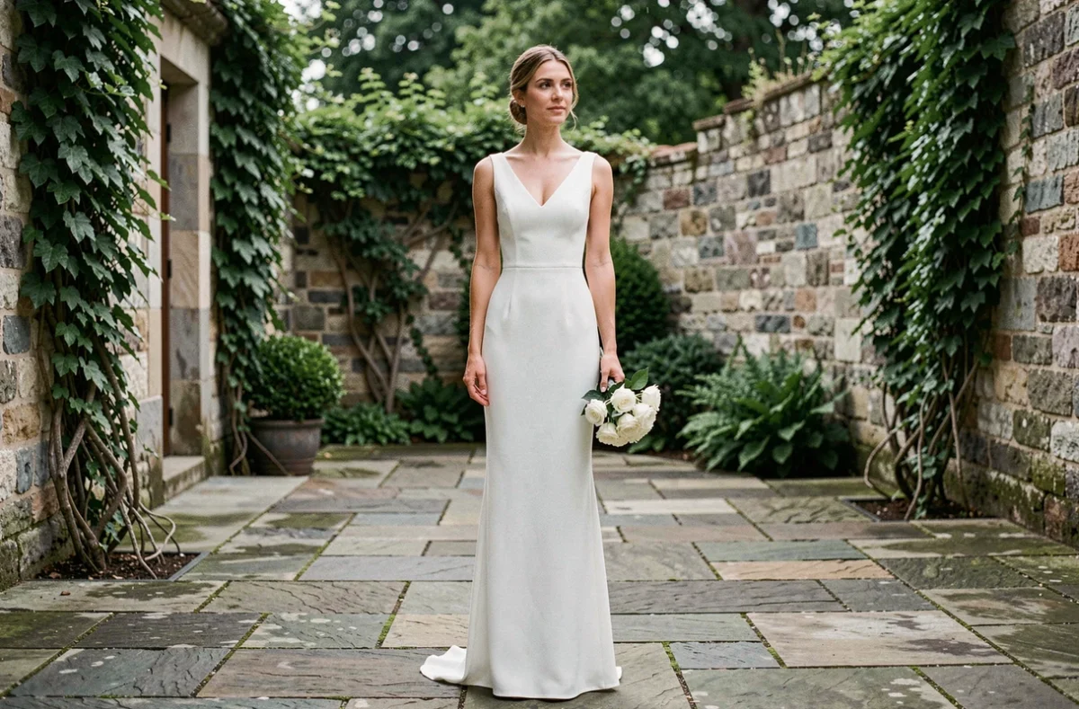 Mariée en robe de mariée simple en crêpe blanc coupe colonne dans une cour en pierre avec lierre, bouquet de roses blanches naturelles
