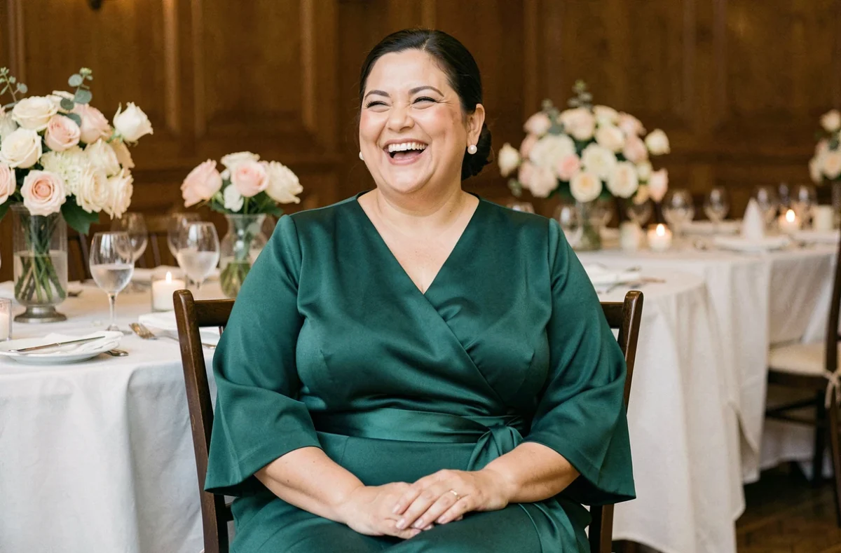 Femme ronde en robe midi vert émeraude à la réception d'un mariage, tendance mode grande taille 2026