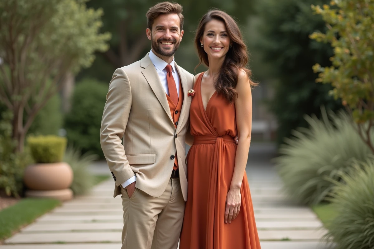 Robe témoin de mariage terracotta accordée avec un costume beige et pochette terracotta dans un jardin