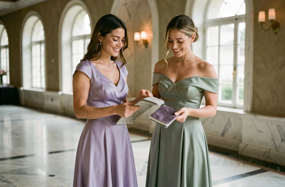 Deux femmes comparant des robes de cérémonie mariage en teintes pastel lavande et vert sauge dans une salle élégante