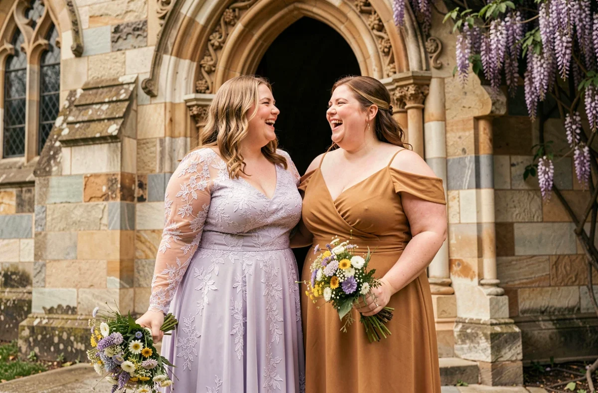 Deux femmes grandes tailles en robes longues pastel devant une chapelle, tenues invitées de mariage tendance 2026