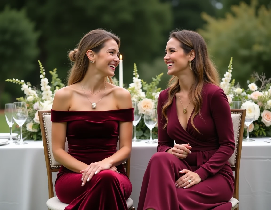 Deux femmes élégantes en robes rouges et bordeaux assises à une table de mariage décorée, illustrant les nuances de rouge pour un mariage