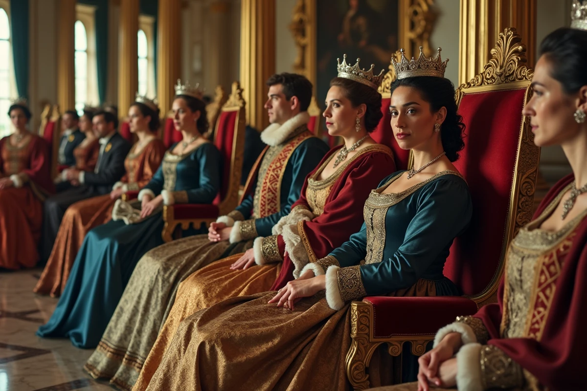 Couple royal assis dans la salle des miroirs avec courtiers