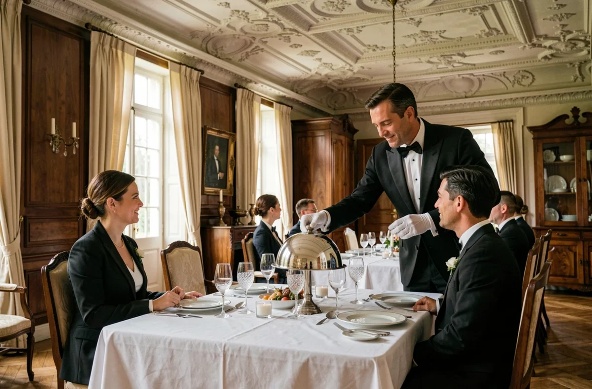 Maître d'hôtel de Royer Traiteur déposant élégamment une cloche en argent devant un invité lors d'un banquet de mariage dans un château historique de l'Hérault