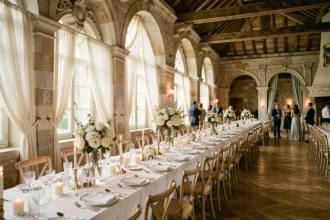 Salle de mariage élégante dans un château du Pas-de-Calais décorée pour une réception de mariage