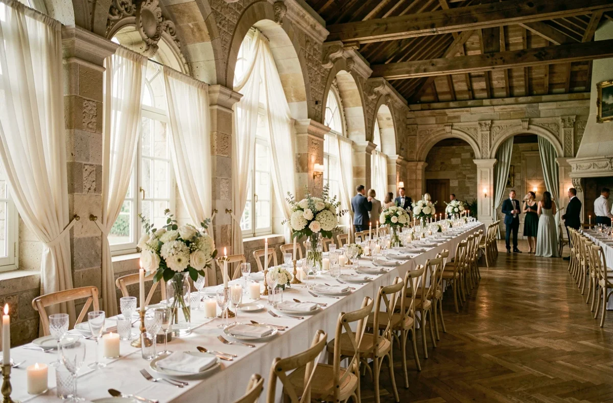 Salle de mariage élégante dans un château du Pas-de-Calais décorée pour une réception de mariage