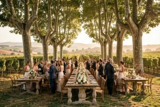 Vue panoramique d'une réception de mariage en plein air dans le paysage verdoyant de l'Occitanie avec vignes et pierres anciennes