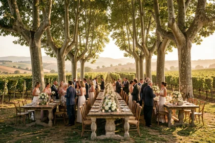 Vue panoramique d'une réception de mariage en plein air dans le paysage verdoyant de l'Occitanie avec vignes et pierres anciennes