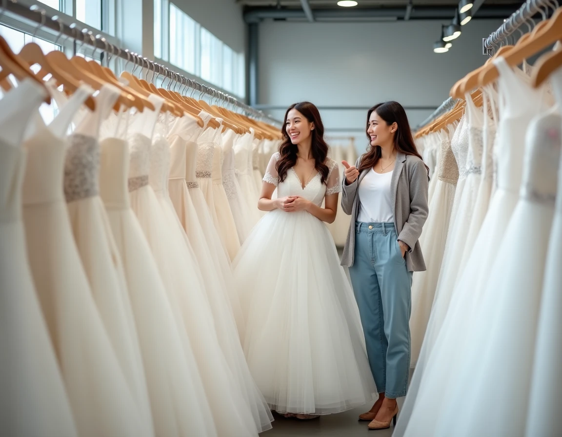 Deux amies comparant des robes de mariée prêt-à-porter dans un magasin de robes de mariage abordables