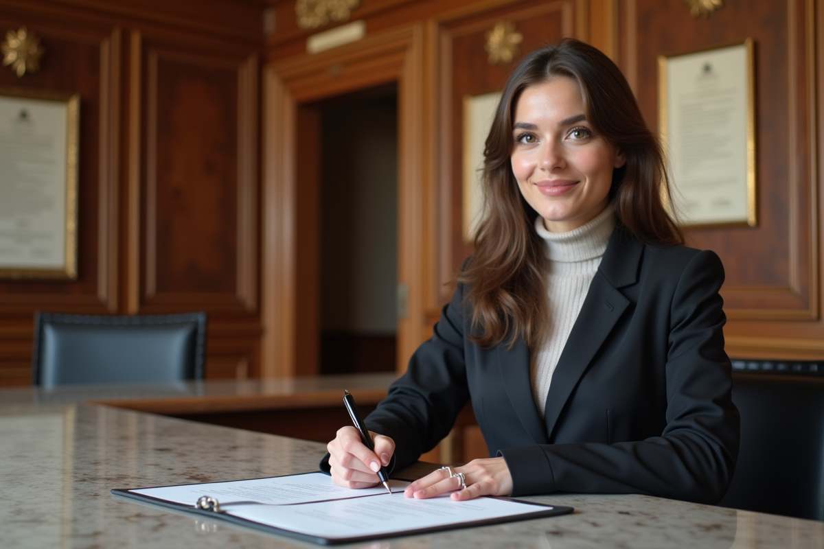 Jeune femme signant un contrat de mariage à la mairie