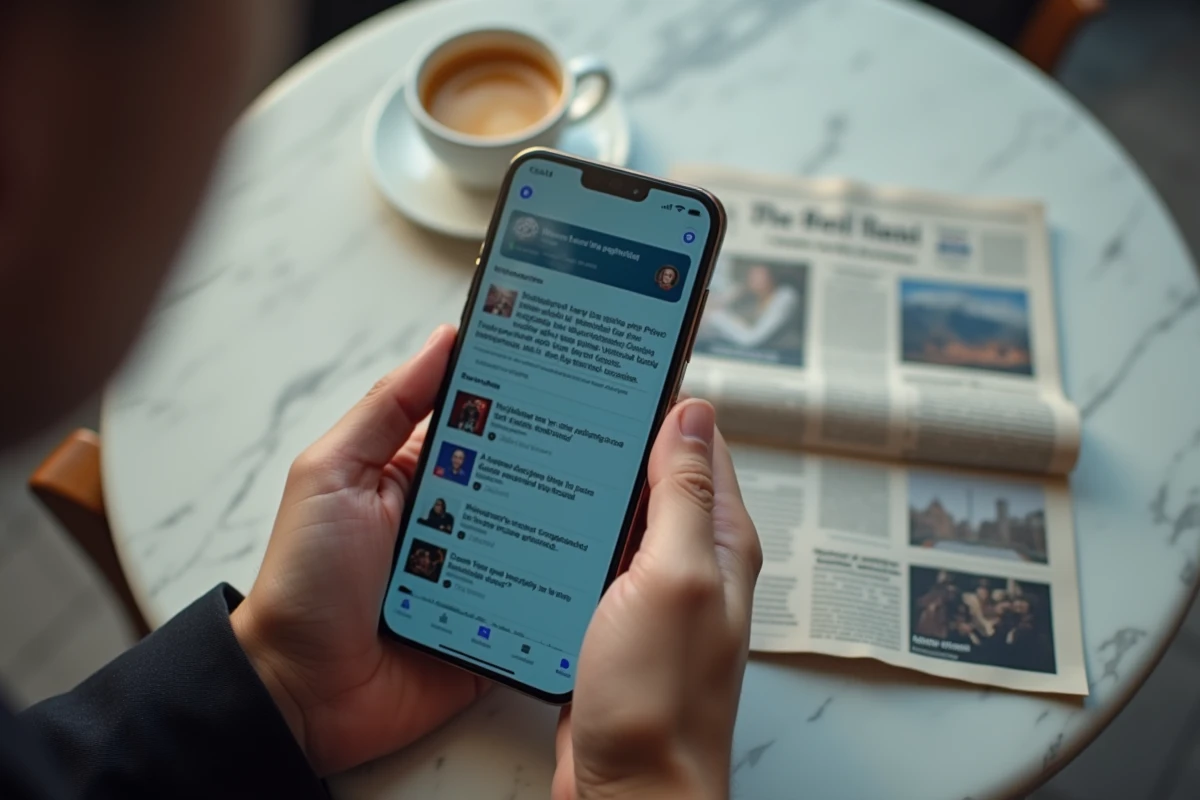 Main tenant un smartphone affichant un fil d'actualité virale dans un café parisien, symbolisant la propagation des fake news sur un mariage politique