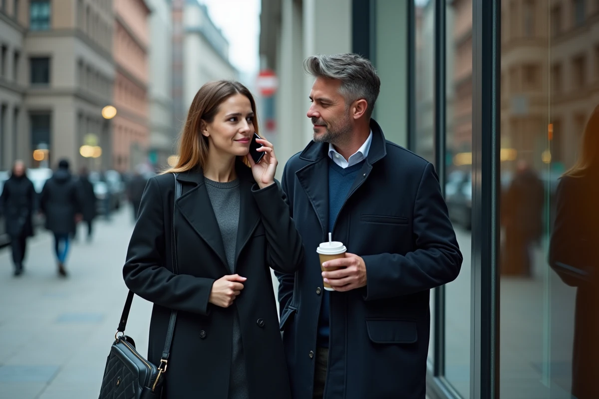 Femme sous pression professionnelle soutenue par son compagnon devant un immeuble de bureaux en ville