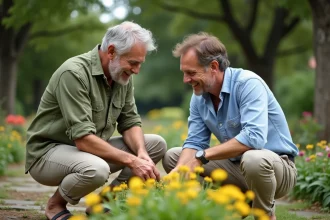 Stéphane Marie et son mari dans un jardin paisible en été