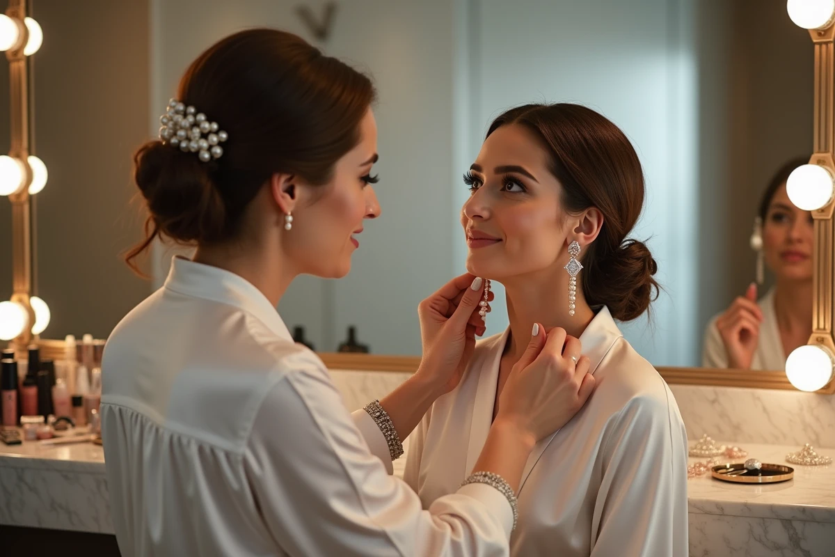 Coiffeuse ajustant des boucles d'oreilles en perles longues sur une mariée au chignon bas avant la cérémonie