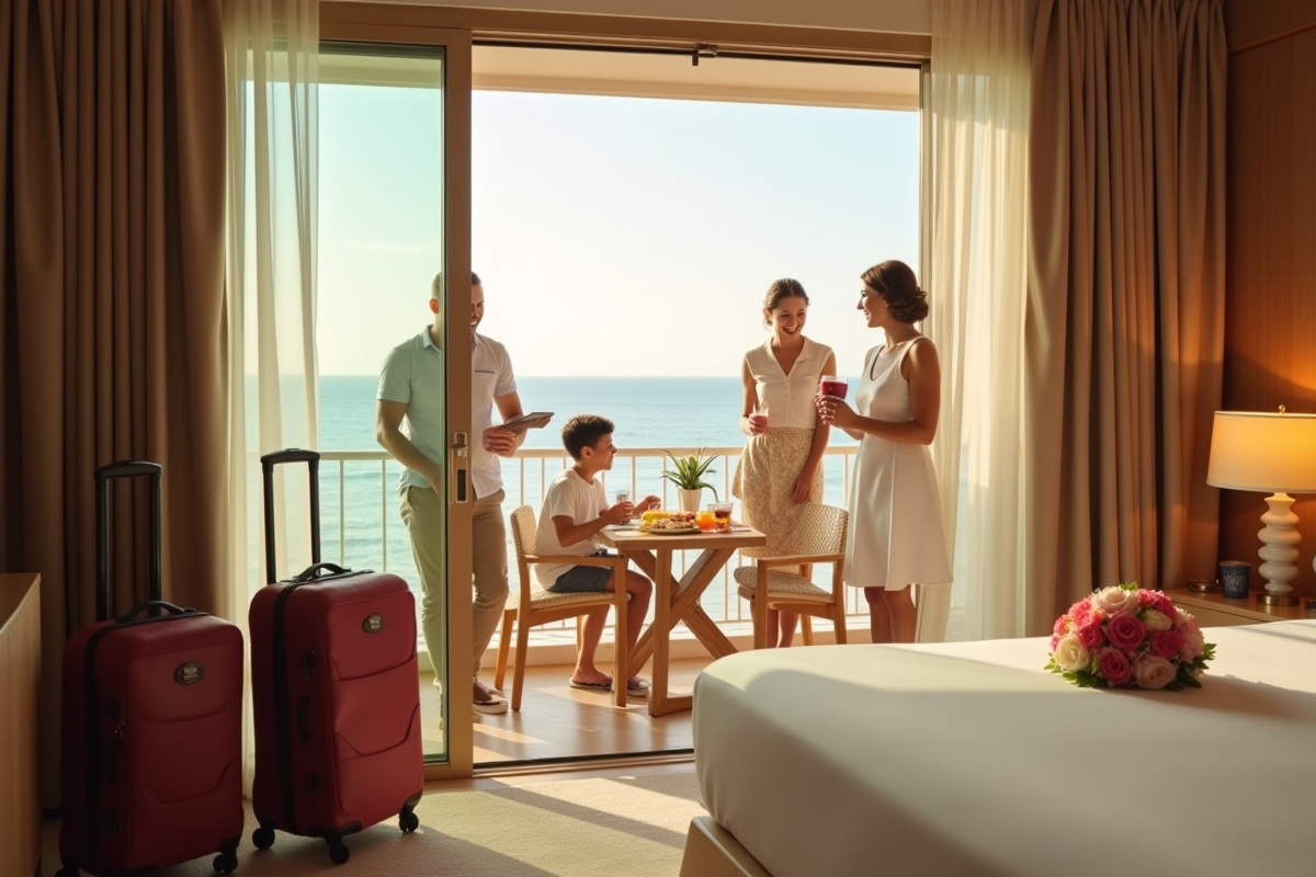 Amis partageant petit déjeuner dans une suite de luxe avec vue tropicale