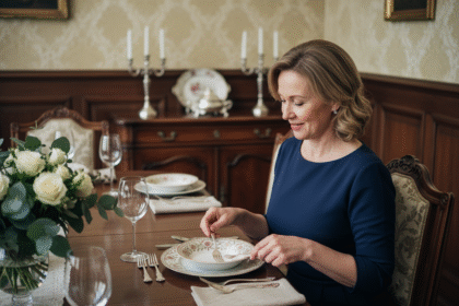 Femme en robe marine arrangeant vaisselle vintage sur table élégante