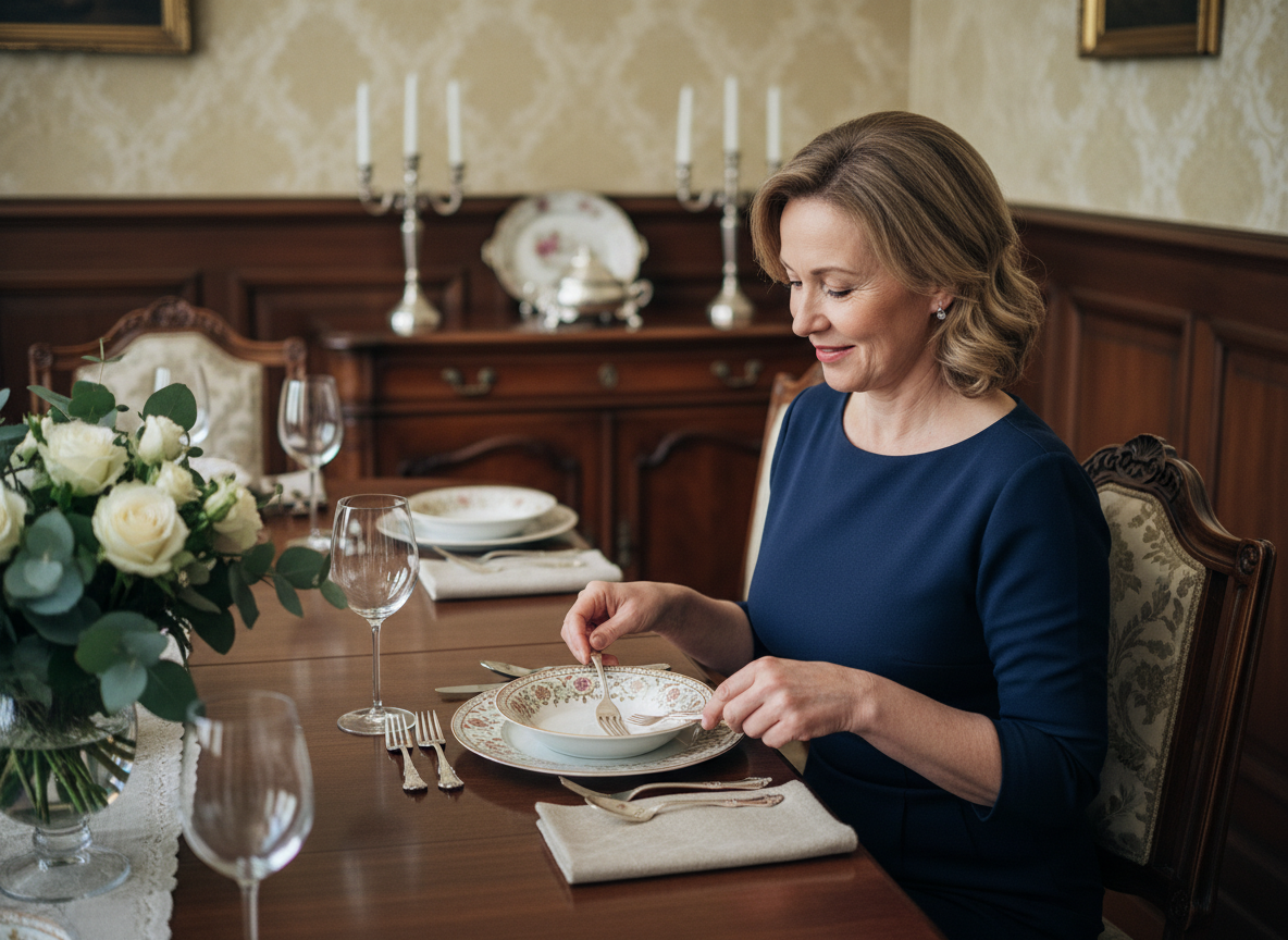 Femme en robe marine arrangeant vaisselle vintage sur table élégante