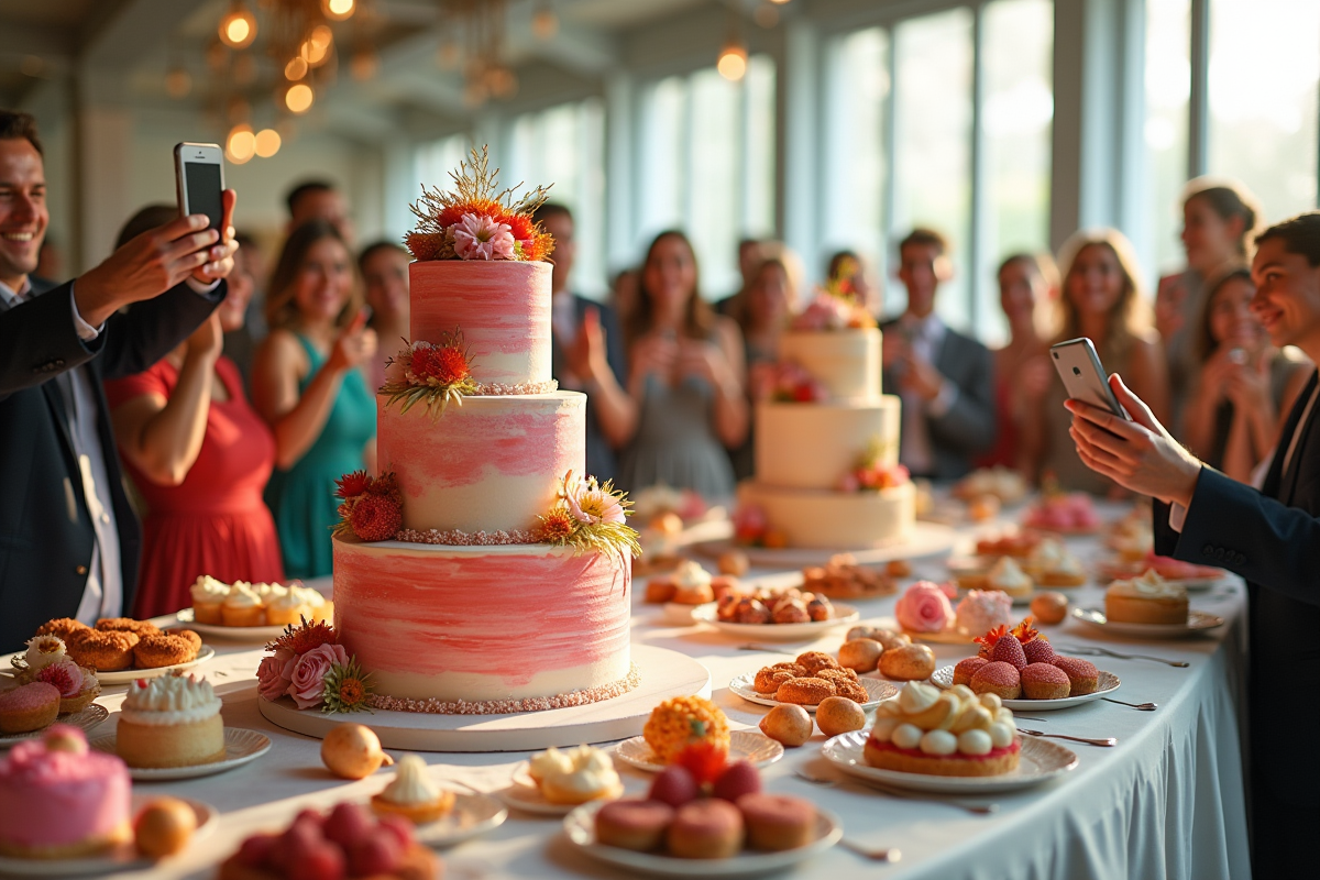 Table de desserts de mariage créative avec gâteau et fleurs en intérieur