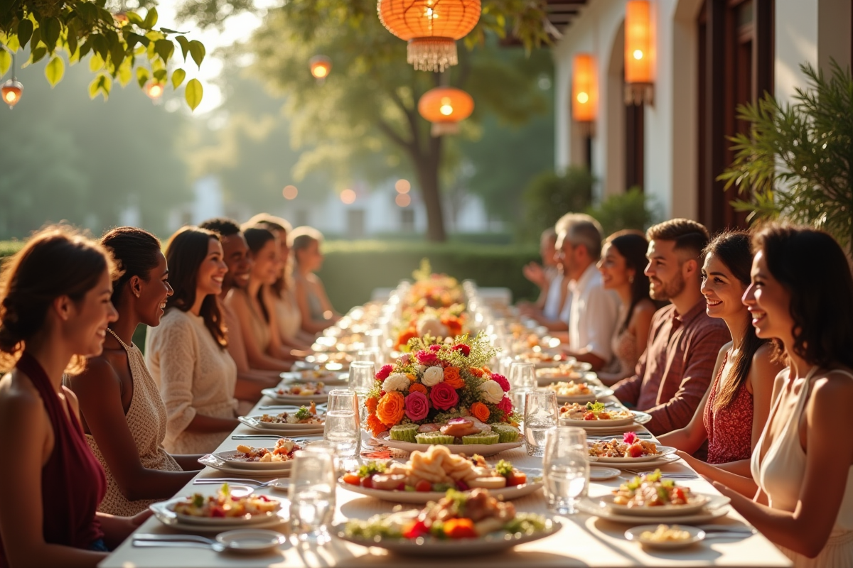 Table de mariage interculturel avec cuisines et décorations colorées