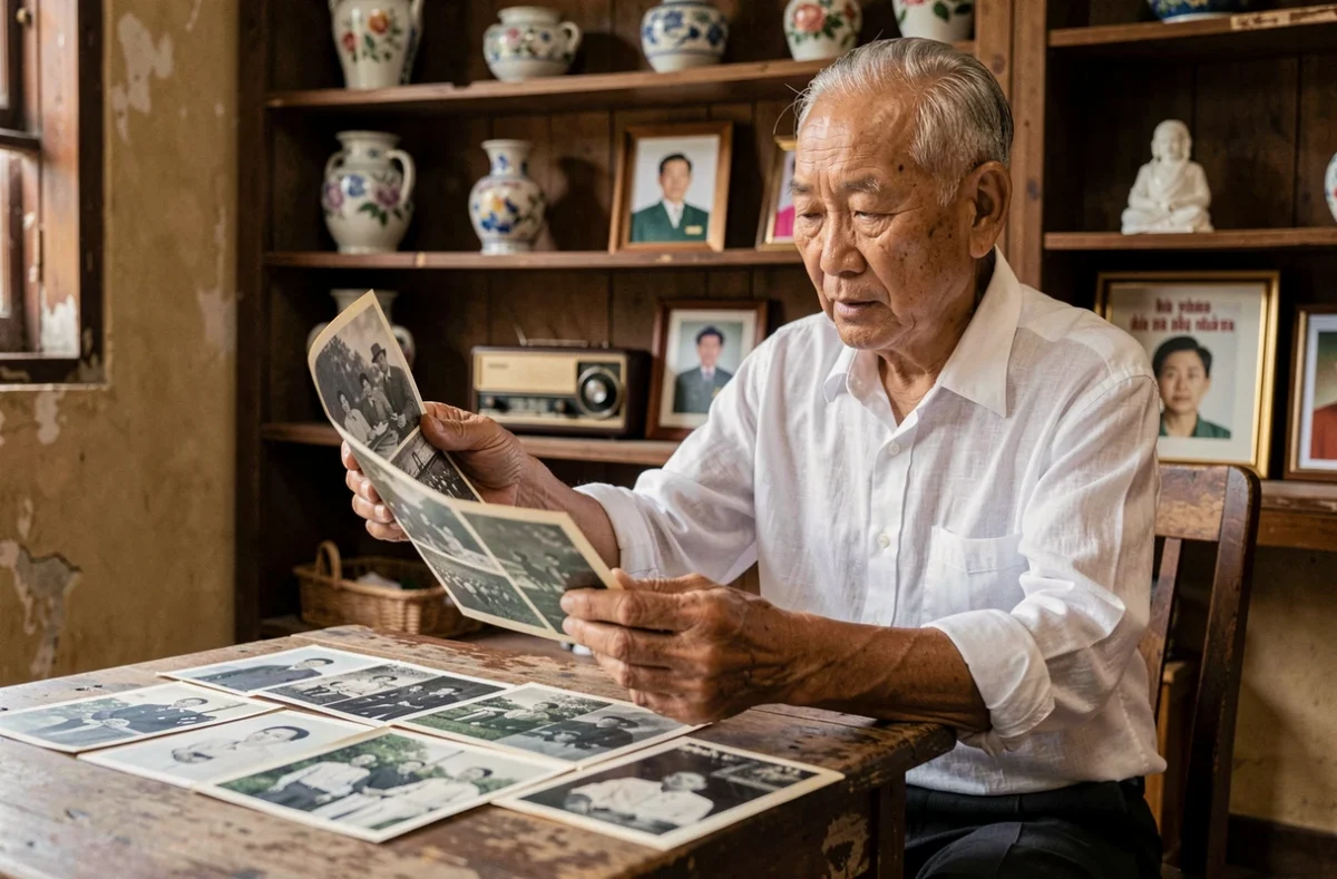 Homme vietnamien âgé contemplant des photographies originales de la guerre du Vietnam dans sa maison à Hanoï, symbole de mémoire collective et d'héritage visuel