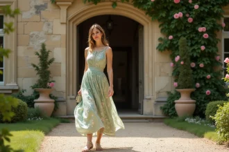 Invitée de mariage en robe midi fleurie vert sauge devant un château élégant, tenue chic pour réception en plein air