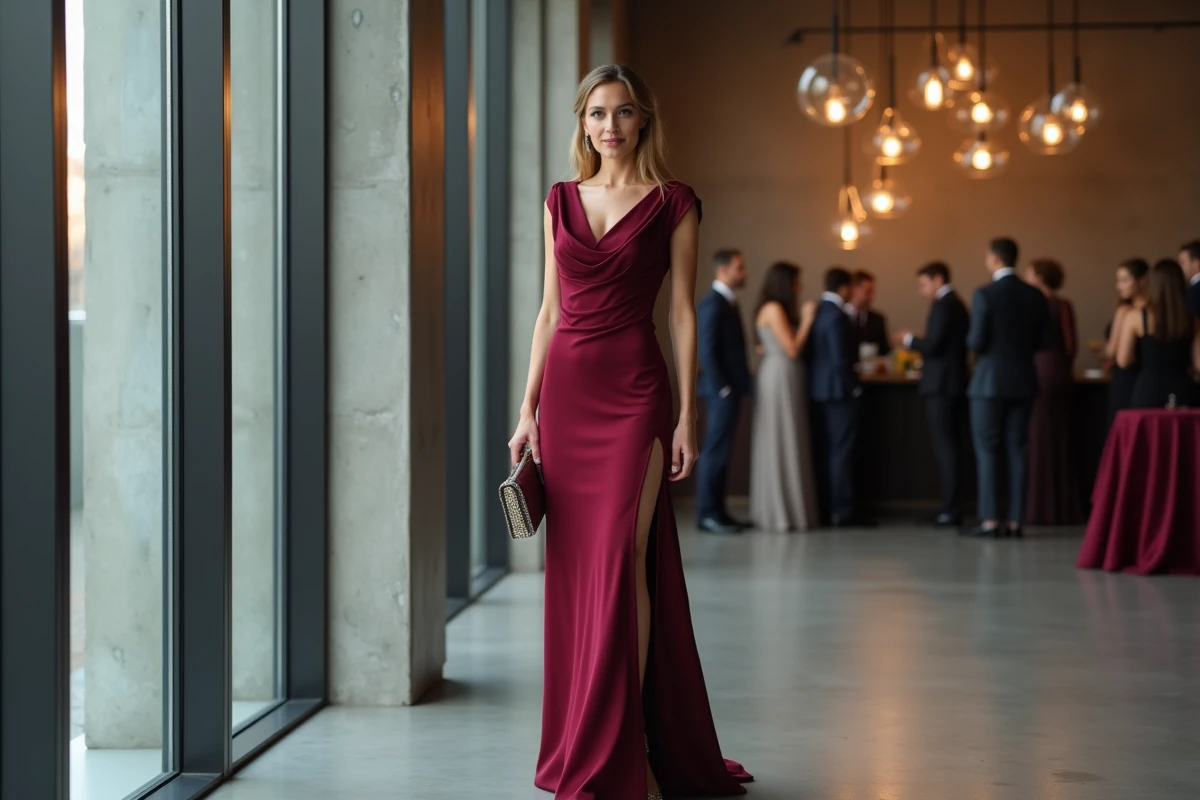 Invitée élégante en robe longue bordeaux dans un lieu de réception urbain contemporain, tenue de soirée pour mariage en ville