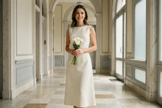 Femme en robe midi ivoire minimaliste dans le couloir d'une mairie française lors d'un mariage civil