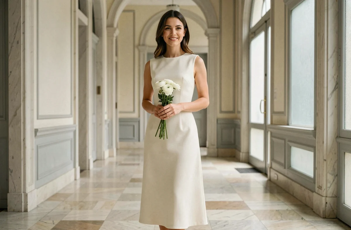 Femme en robe midi ivoire minimaliste dans le couloir d'une mairie française lors d'un mariage civil