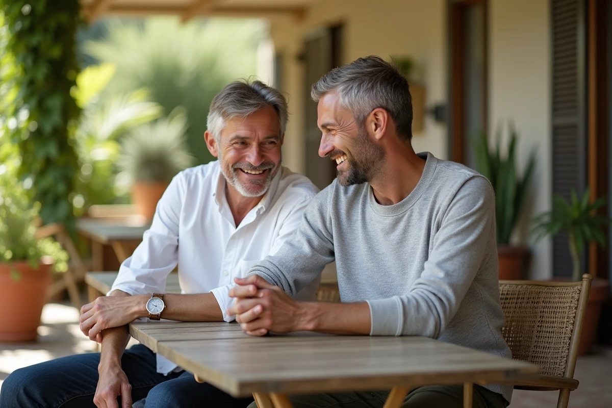 Stéphane Marie et son mari souriant sur une veranda ensoleillée