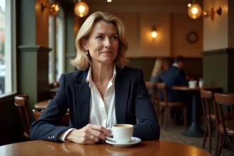 Femme pensive seule dans un café parisien, symbolisant la vie privée et l'intimité d'une personnalité publique
